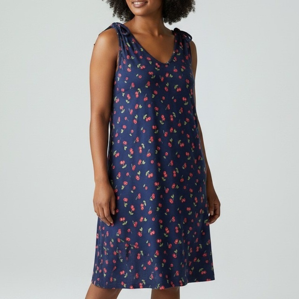 Lands End Women XL Navy Blue Cherry Print Tie Shoulder V-Neck Pocket Dress Retro